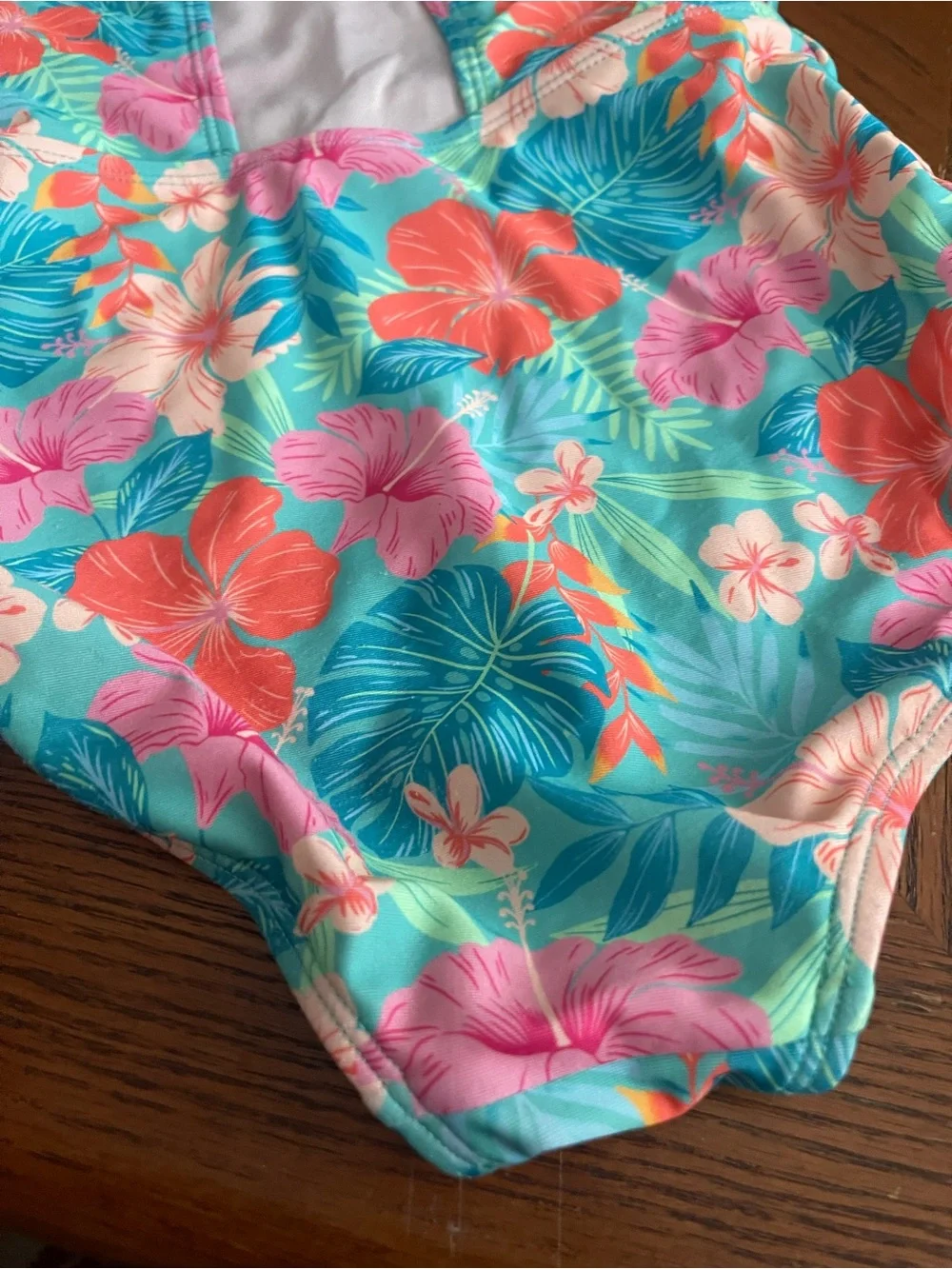 art class Teal One-Piece with Coral and Pink Hibiscus